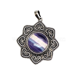 Natural Fluorite Pendants, Metal Flower Charms, Antique Silver, 40x44x8mm(PW-WG111BD-08)