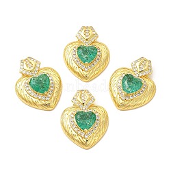 Rack Plating Brass & Rhinestone Pendants, with Crushed Ice Cut Cubic Zirconia, Heart Charm, Real 14K Gold Plated, Cadmium Free & Lead Free, Medium Sea Green, 30x23x7.5mm, Hole: 3.5x7mm(KK-H438-07G-03)