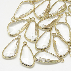 Glass Pendants, with Golden Tone Brass Findings, Faceted, Triangle, Clear, 29x14.5x5.5mm, Hole: 1.5mm(X-GLAA-Q068-02)