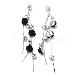 Platinum Brass with Glass Rhinestone Tassel Big Pendants, Acrylic Flower Charms, Black, 85mm, Hole: 1mm(KK-B074-14P-01)