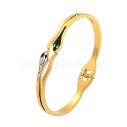 Snake 304 Stainless Steel Rhinestone Open Cuff Bangles for Women, Golden, Emerald, Inner Diameter: 1.93x2.64 inch(4.9x6.7cm)(BJEW-P327-01B-G)