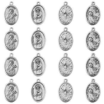 20Pcs 4 Style Tibetan Style Alloy Pendants, ST. FRANCIS OF ASSISI MEDAL, Oval, Cadmium Free & Lead Free, Antique Silver, 25~25.5x15.5~16x2~2.5mm, Hole: 1.5mm, 5pcs/Style