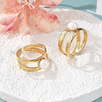 304 Stainless Steel Cuff Rings, with Freshwater Pearl Beads, Ion Plating(IP), Real 18K Gold Plated, 10mm, Inner Diameter: 17.5mm