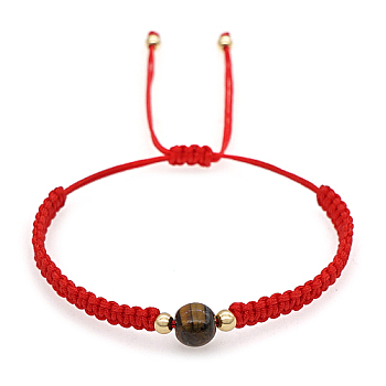 Natural Tiger Eye Round Braided Bead Bracelet, Red Adjustable Bracelet, Bead: 8mm