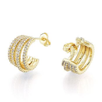 Cubic Zirconia Multi Circle Stud Earrings, Real 18K Gold Plated Brass Half Hoop Earrings for Women, Nickel Free, Clear, 18.5x15x9mm, Pin: 0.8mm