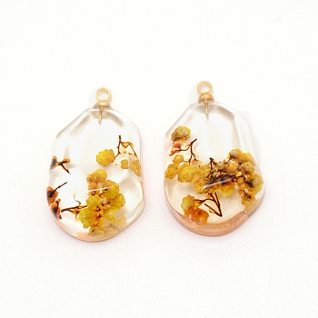 Resin with Iron Ring, for Dried flower Pendants Accessories, Yellow, 27x16.5x9mm, Hole: 1.8mm