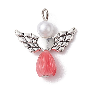Resin Imitation Pearl Pendants, Rose Angel Charms with Antique Silver Plated Alloy Heart Wings, Pink, 23.5~24x21.5x7mm, Hole: 1.8~2.2mm