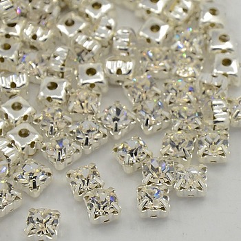 Sew on Rhinestone, Multi-strand Links, Grade A Glass Rhinestone, with Brass Prong Settings, Garments Accessories, Square, Silver Color Plated, Crystal, 5.96~6.14x5.96~6.14mm, Hole: 1mm