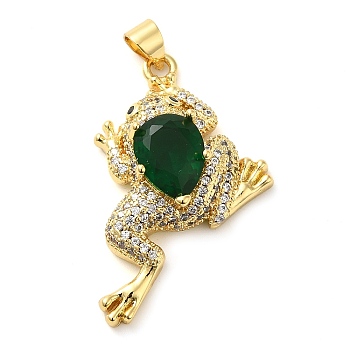 Rack Plating Brass Micro Pave Green Cubic Zirconia Pendants, with Glass, Long-Lasting Plated, Cadmium Free & Lead Free, Forg, Real 18K Gold Plated, 33x20.5x8mm, Hole: 4x3mm