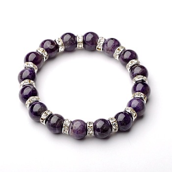 Gemstone Stretch Bracelets, with Silver Color Plated Brass Middle East Rhinestone Beads, Amethyst, 54mm