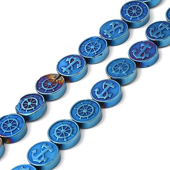 Electroplate Synthetic Non-magnetic Hematite Beads Strands, Flat Round with Anchor & Helm, Blue Plated, 10x3mm, Hole: 0.7mm, about 40pcs/strand, 16.22~16.3''(41.2~41.4cm)