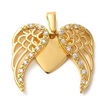 Brass Micro Pave Cubic Pendants, Wing with Heart, Real 18K Gold Plated, 23.5x22x4mm, Hole: 4.5x3.5mm