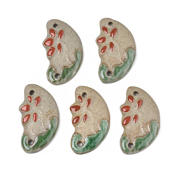 Handmade Porcelain Connector Charms, Famille Rose Style, Moon, Light Green, 50~52x30~31x5~7mm, Hole: 3mm