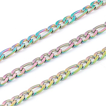 Ion Plating(IP) 304 Stainless Steel Figaro Chain, Unwelded, with Spool, Rainbow Color, Link: 6x4x1mm and 8x4x1mm, 32.8 Feet(10m)/roll