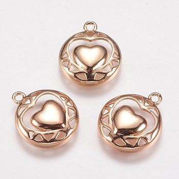 Brass Pendants, Flat Round with Heart, Rose Gold, 17.5x14.5x3.5mm, Hole: 1.5mm