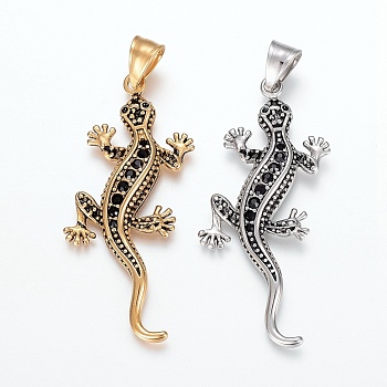 304 Stainless Steel Pendants, with Rhinestone, Large Hole Pendants, Lizard, Mixed Color, 56x21x5mm, Hole: 5x9mm
