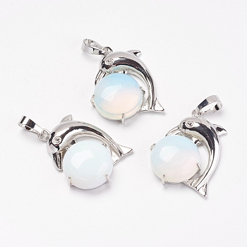 Opalite Pendants, with Brass Findings, Dolphin, Platinum, 30x23x8mm, Hole: 5x8mm