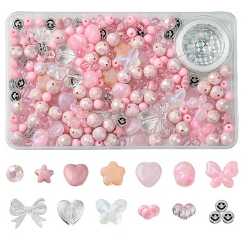 210Pcs 13 Styles Acrylic Beads with 1 Roll Strong Stretchy Beading Elastic Thread, Pink, 8~17x8~20mm, Hole: 1.4~2mm