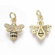 Brass Micro Pave Cubic Zirconia Charms, with Jump Ring, Nickel Free, Bee, Clear & Black, Real 18K Gold Plated, 15x12x4mm, Hole: 3mm(ZIRC-R109-012G-NF)