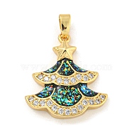 Christmas Brass Micro Pave Cubic Zirconia Pendant, with Synthetic Opal, Christmas Tree, Prussian Blue, 22x19.5x3.5mm, Hole: 5x3mm(KK-H468-03B-02G)