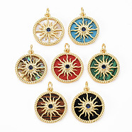 Brass Cubic Zirconia Pendants, with Shell & Synthetic Stone & Acrylic and Jump Ring, Real 16K Gold Plated, Flat Round with Sun, Nickel Free, Mixed Color, 20x17.5x3mm, Jump Ring: 5x1mm, 3mm inner diameter(KK-N227-78-NF)