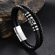Stainless Steel Skull Beaded Leather Double Layer Multi-strand Bracelet, Gothic Bracelet with Magnetic Clasp for Men, Black, 9-1/4 inch(23.6cm)(SKUL-PW0004-26E-01)