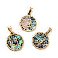 Vacuum Plating 304 Stainless Steel with Paua Shell Pendants, Golden, Flat Round with Letter Charm, Letter.J, 18x16x1.5mm, Hole: 3x6mm(STAS-G268-02J-G)