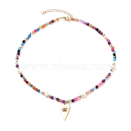 Brass Micro Pave Cubic Zirconia Heart Pendant Necklaces, with Natural Agate Beads, Natural Pearl Beads and 304 Stainless Steel Lobster Claw Clasps, Colorful, 15-5/8 inch(39.7cm)(NJEW-JN03174-01)