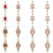 AHADERMAKER 16Pcs 8 Style Brass Pave Cubic Zirconia Connector Charms, with Glass, Long-Lasting Plated, Light Gold, Mixed Shapes, Mixed Color, 17.5~19.5x7~8x3mm, Hole: 1.2mm, 2pcs/style(KK-GA0001-29)