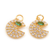 Brass Micro Pave Cubic Zirconia Charms, with Jump Ring, Gap Flat Round, Clear & Green, Real 18K Gold Plated, 12.5x10.5x2.5mm, Jump Ring: 4x0.6mm, Hole: 2.5mm(KK-I672-48G)
