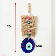 Turkish Flat Round with Evil Eye Glass Pendant Decorations, with Wood Bead and Jute Cord Wall Hanging Ornaments, Colorful, 230x50mm(PW-WG83945-01)