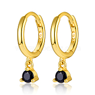 Real 18K Gold Plated 925 Sterling Silver Hoop Earrings, with Cubic Zirconia Diamond Charms, with S925 Stamp, Black, 17mm(MN0975-10)