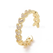 Clear Cubic Zirconia Heart Open Cuff Ring, Brass Jewelry for Women, Golden, Inner Diameter: 18mm(RJEW-G283-11G)