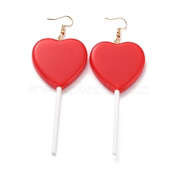Heart-shape Lollipop Dangle Earrings for Women, Candy Color Simulation Food Drop Earrings, Golden, Red, 97~99mm, Pin: 0.5mm(EJEW-Z015-04A)