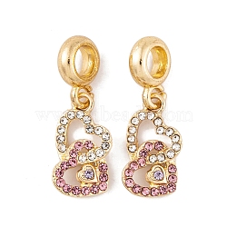 Rack Plating Alloy Crystal & Light Rose Rhinestone European Dangle Charms, Double Heart Large Hole Pendants, Golden, 27mm, Heart: 17.5x9.5x2mm, Hole: 4.5mm(FIND-C055-18G)