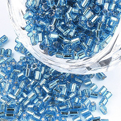 Grade A Glass Seed Beads, Hexagon(Two Cut), Silver Lined, Sky Blue, 1.5~2.5x1.5~2mm, Hole: 0.8mm, about 2100pcs/bag, 450g/bag(SEED-S022-04A-14)