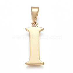 304 Stainless Steel Pendants, Golden, Initial Letter.I, 28x11x1.5mm, Hole: 5x8mm(STAS-F106-95G-I)
