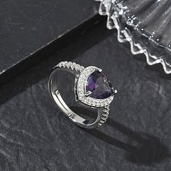 Brass & Purple Heart Cubic Zirconia Finger Rings for Women, Long-Lasting Plated, Platinum, Heart: 11x12mm, Inner Diameter: 18mm(CU-CBA7E55-14P)