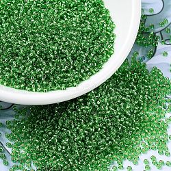 MIYUKI Round Rocailles Beads, Japanese Seed Beads, (RR15) Silverlined Light Green, 11/0, 2x1.3mm, Hole: 0.8mm, about 1100pcs/bottle, 10g/bottle(SEED-JP0008-RR0015)