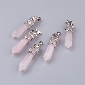 Natural Rose Quartz Big Pointed Pendants, with Alloy Findings, Faceted, Bullet, Platinum, 59~63x11~12mm, Hole: 4x7mm