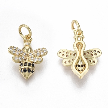 Brass Micro Pave Cubic Zirconia Charms, with Jump Ring, Nickel Free, Bee, Clear & Black, Real 18K Gold Plated, 15x12x4mm, Hole: 3mm