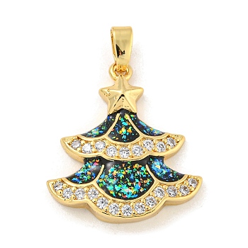 Christmas Brass Micro Pave Cubic Zirconia Pendant, with Synthetic Opal, Christmas Tree, Prussian Blue, 22x19.5x3.5mm, Hole: 5x3mm
