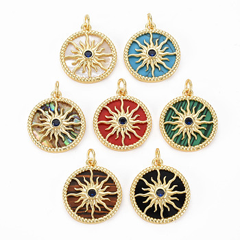 Brass Cubic Zirconia Pendants, with Shell & Synthetic Stone & Acrylic and Jump Ring, Real 16K Gold Plated, Flat Round with Sun, Nickel Free, Mixed Color, 20x17.5x3mm, Jump Ring: 5x1mm, 3mm inner diameter