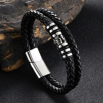 Stainless Steel Skull Beaded Leather Double Layer Multi-strand Bracelet, Gothic Bracelet with Magnetic Clasp for Men, Black, 9-1/4 inch(23.6cm)