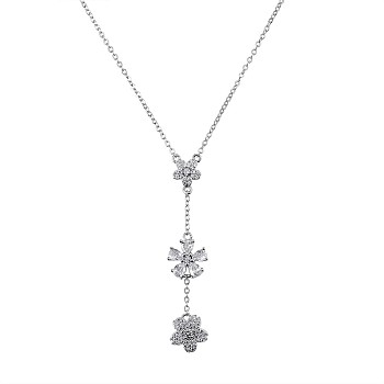 Clear Cubic Zirconia Flower Lariat Necklace, 925 Sterling Silver Y Necklace for Women, Platinum, 15.75 inch(40cm)
