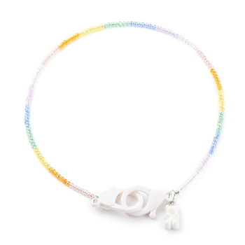 Rainbow Personalized Electroplate Glass Beaded Necklaces, Eyeglass Chains, Handbag Chains, with Resin Bear Pendants and Plastic Lobster Claw Clasps, White, 19.49 inch(49.5cm)