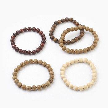 Natural Dyed Sandalwood Beads Stretch Bracelets, Round, Burlap Packing, Mixed Color, 2 inch(5.1cm), Bag: 12x8.5x3cm
