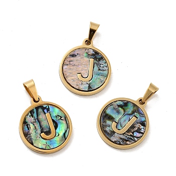 Vacuum Plating 304 Stainless Steel with Paua Shell Pendants, Golden, Flat Round with Letter Charm, Letter.J, 18x16x1.5mm, Hole: 3x6mm