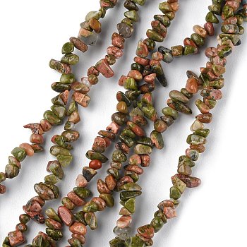 Natural Unakite Beads Strands, Chip, 1.5~4.5x3~13x2.5~8mm, Hole: 0.6mm, 30.94~31.97 inch(78.6~81.2cm)