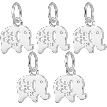 5Pcs 925 Sterling Silver Pendants, Elephant, with 925 Stamp, Silver, 10x10x1.5mm, Hole: 4mm